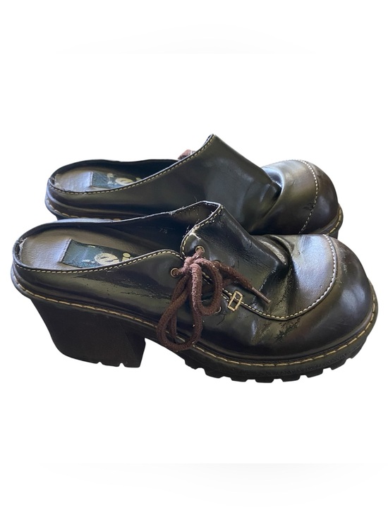 lei Shoes - Vintage LEI Y2K Chunky Brown Faux Leather Heel Platform Slip On Mule Shoe Sz 7.5